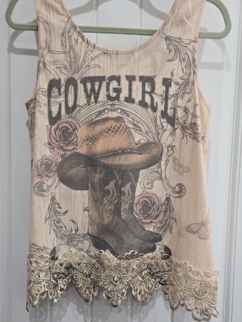 Cowgirl Graphic Lace-Hem Tank Top - Beige - Picture 3 of 3